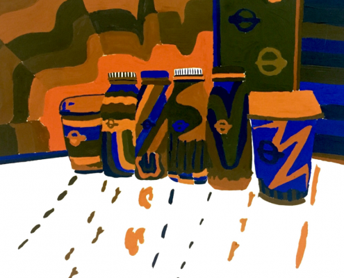 A complimentary painting of blue and orange neutralizations with expanded composition from shape translations.