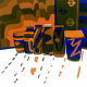 A complimentary painting of blue and orange neutralizations with expanded composition from shape translations.